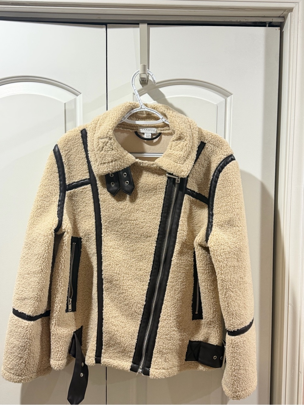 Topshop Cream Teddy Moto Jacket with Black Trim